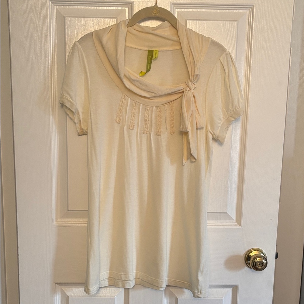 Green Dragon Cream Short Sleeve Top with Attached Scarf